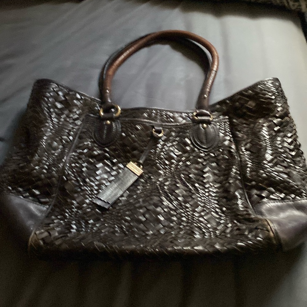 Cole Haan woven brown leather hobo bag w/ blue interior